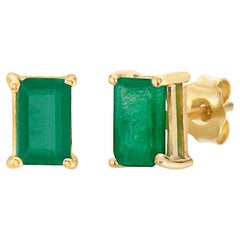 Capucelli 14K Solid Gold '1.10 Ctw' Emerald Rectangular Shape Studs
