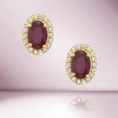 Capucelli 14K Solid Gold '1.40 ctw.' Genuine Red Ruby Oval Halo Diamond Studs