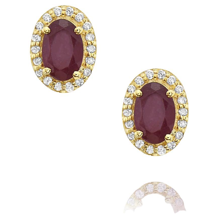 Capucelli 14K Solid Gold '1.40 ctw.' Genuine Red Ruby Oval Halo Diamond Studs For Sale