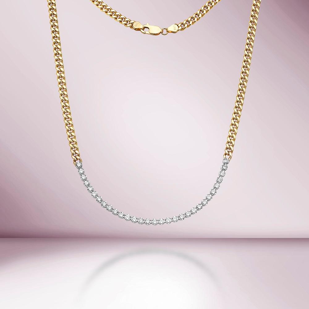 This Diamond Tennis Necklace & Half Flat Curb Chain is a beautiful and elegant piece of jewelry that features a row of sparkling diamonds set in a buttercup setting. The necklace is crafted from 14K Gold and has a total diamond weight of 3.00