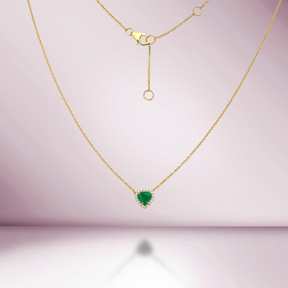 Round Cut Capucelli Heart Shape Emerald With Diamond Halo Necklace (0.96 ct.) in 14K Gold For Sale