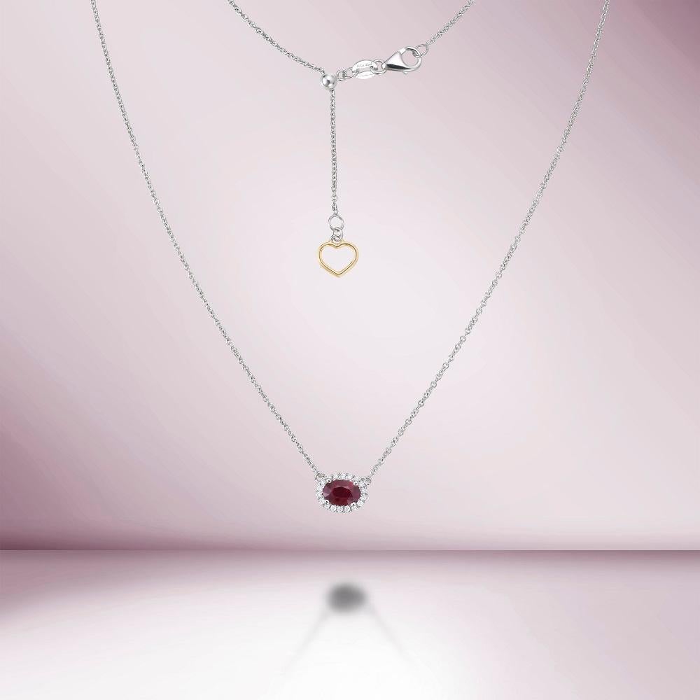 Oval Cut Capucelli Oval Red Ruby With Diamond Halo Necklace (0.59 ct.) in 18K Gold For Sale