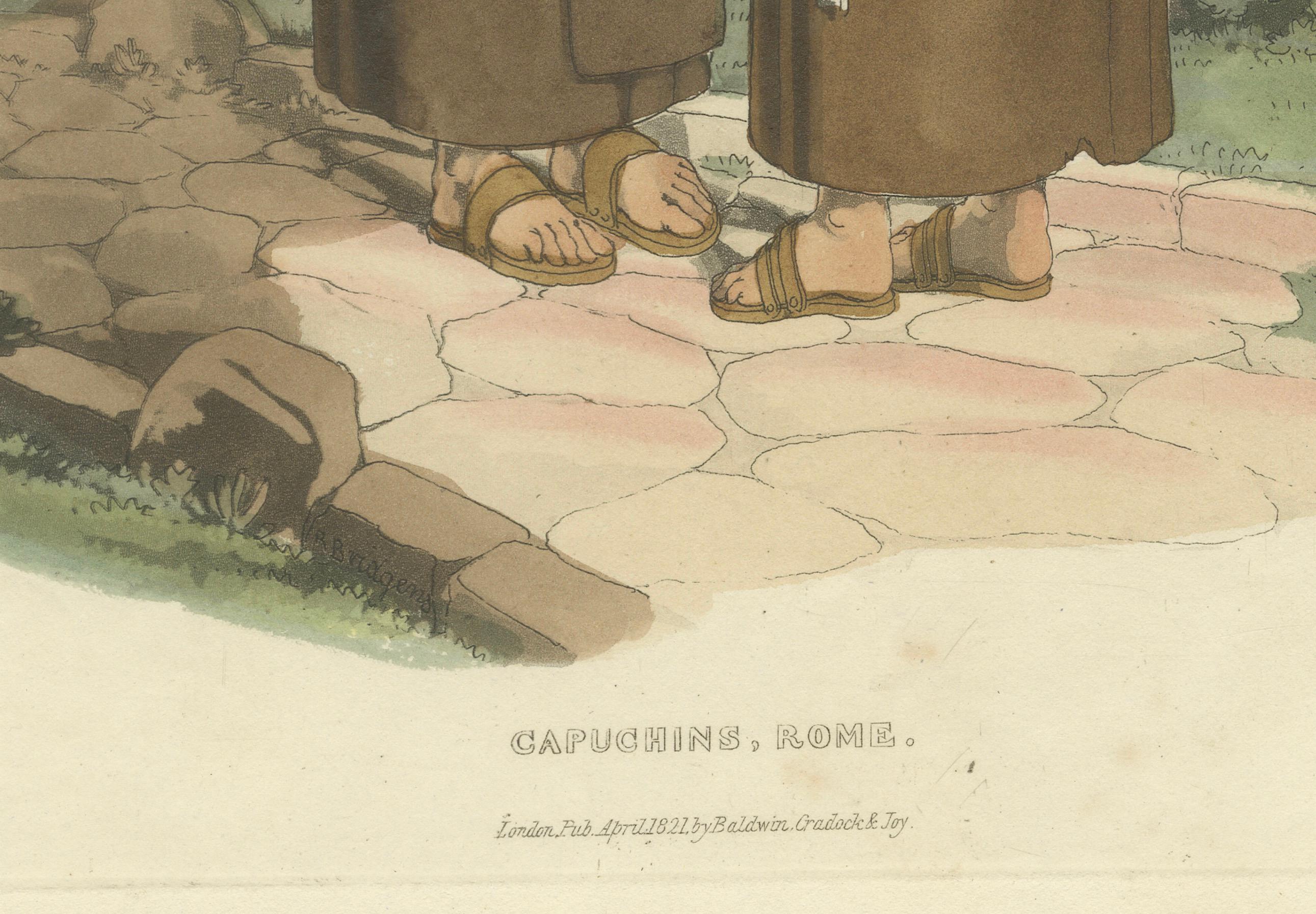 Moines capucins et sérénité romaine - Gravure de 1820 sur la dévotion Bon état - En vente à Langweer, NL