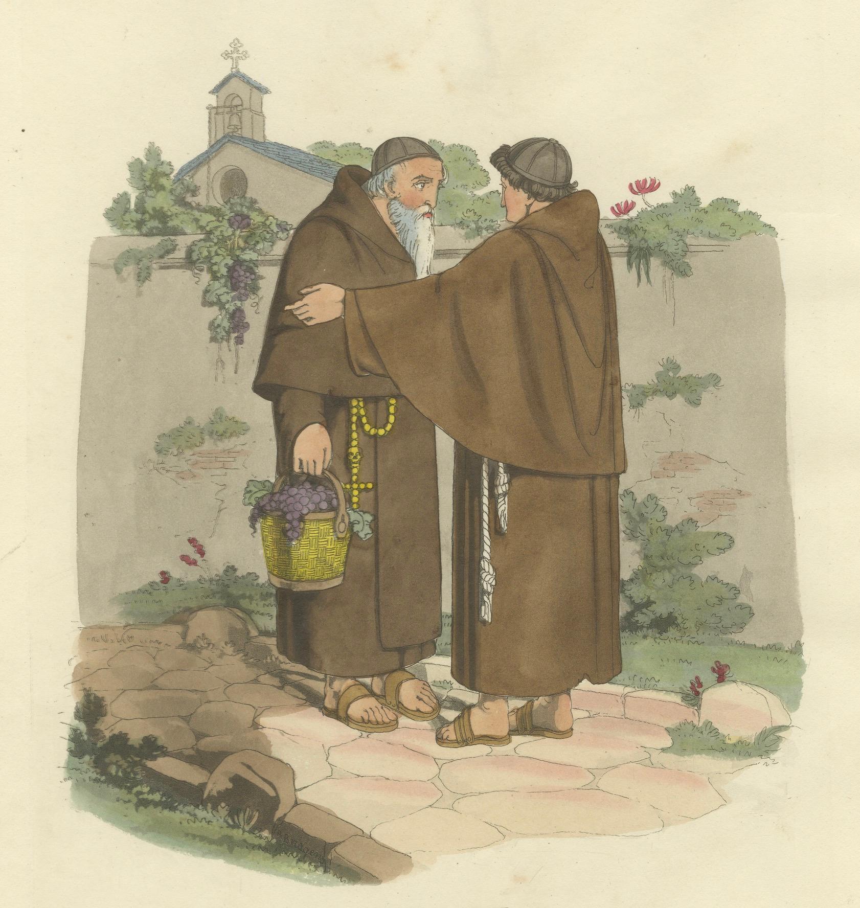 Début du XIXe siècle Moines capucins et sérénité romaine - Gravure de 1820 sur la dévotion en vente