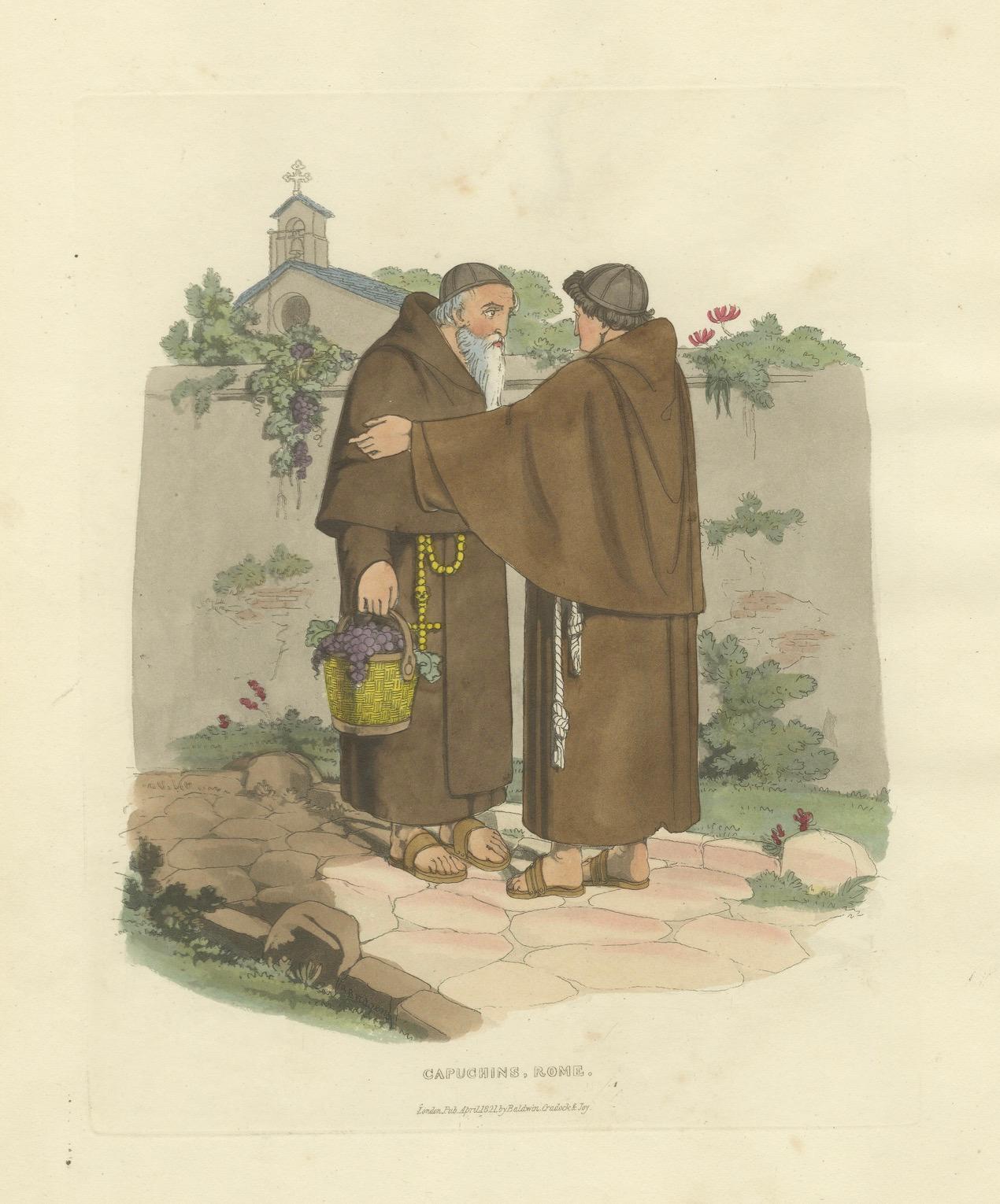 Papier Moines capucins et sérénité romaine - Gravure de 1820 sur la dévotion en vente