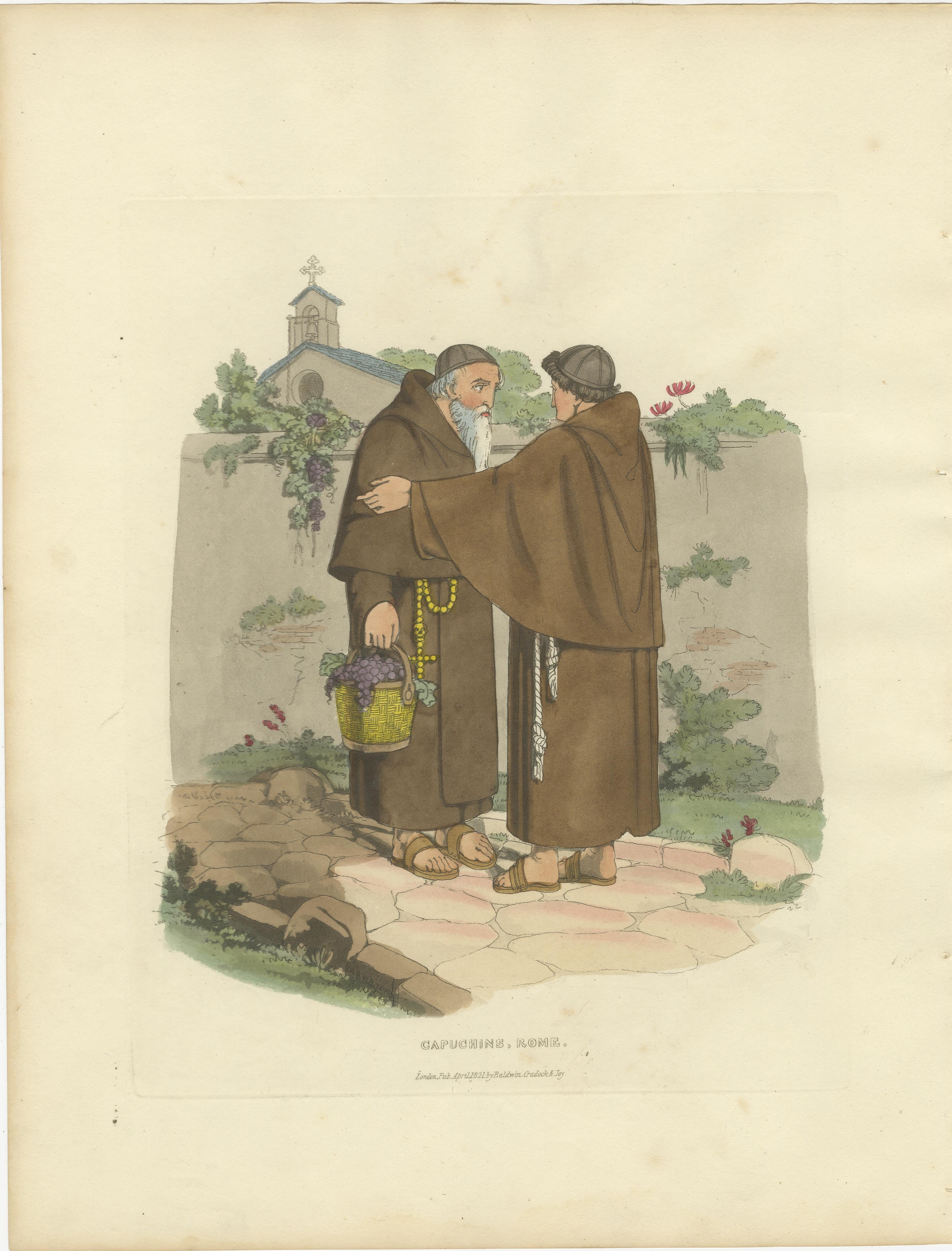 Moines capucins et sérénité romaine - Gravure de 1820 sur la dévotion en vente 1