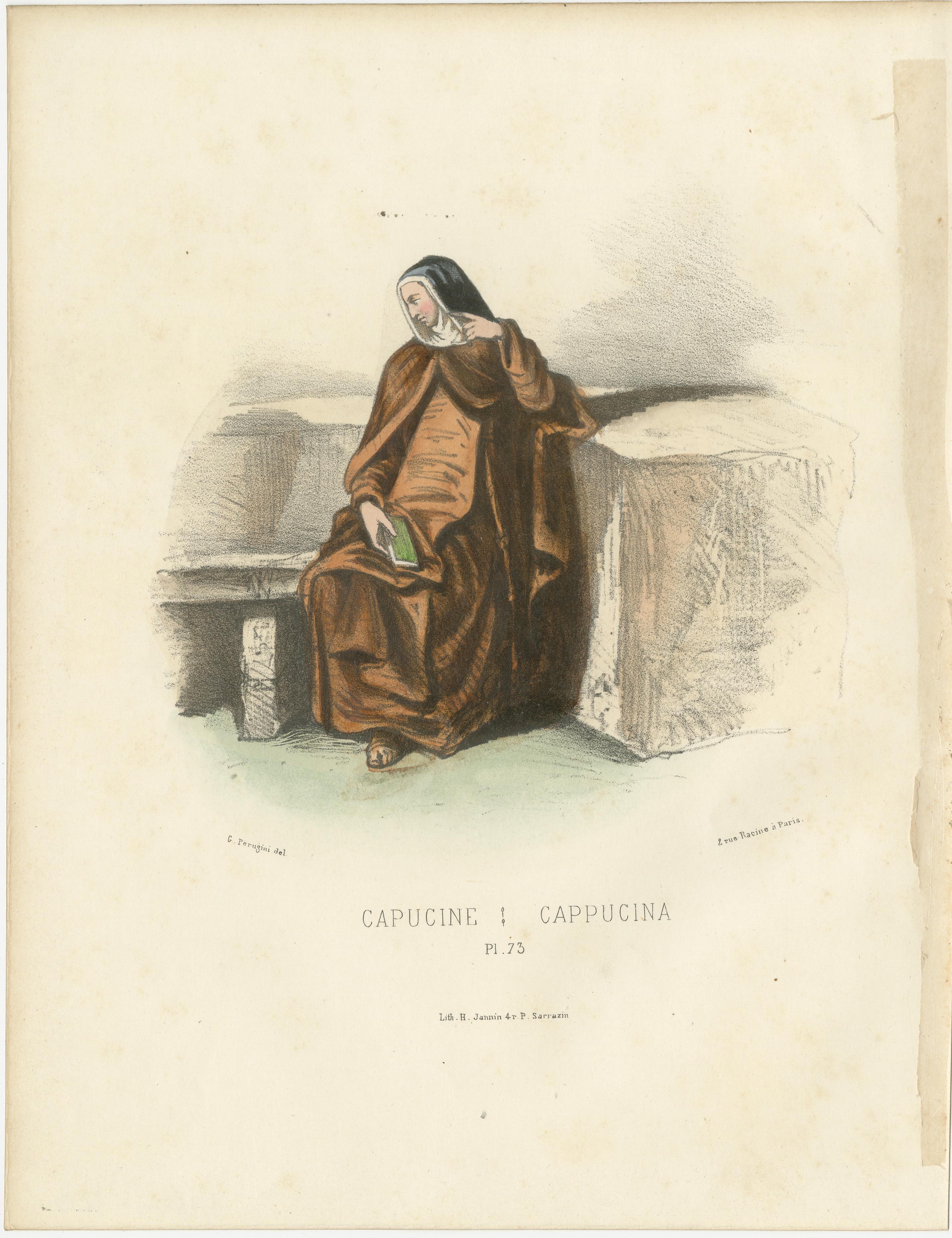 Capucine - 1862 Handkolorierte Lithographie eines Capuchin Nuns  

Diese handkolorierte Lithografie aus dem Jahr 1862 zeigt eine Kapuzinernonne, die gelassen auf einer Steinbank sitzt. Sie trägt die traditionelle braune Ordenstracht mit weißer