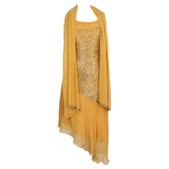 Capucine Yellow Silk Sequins Evening Dress 90s