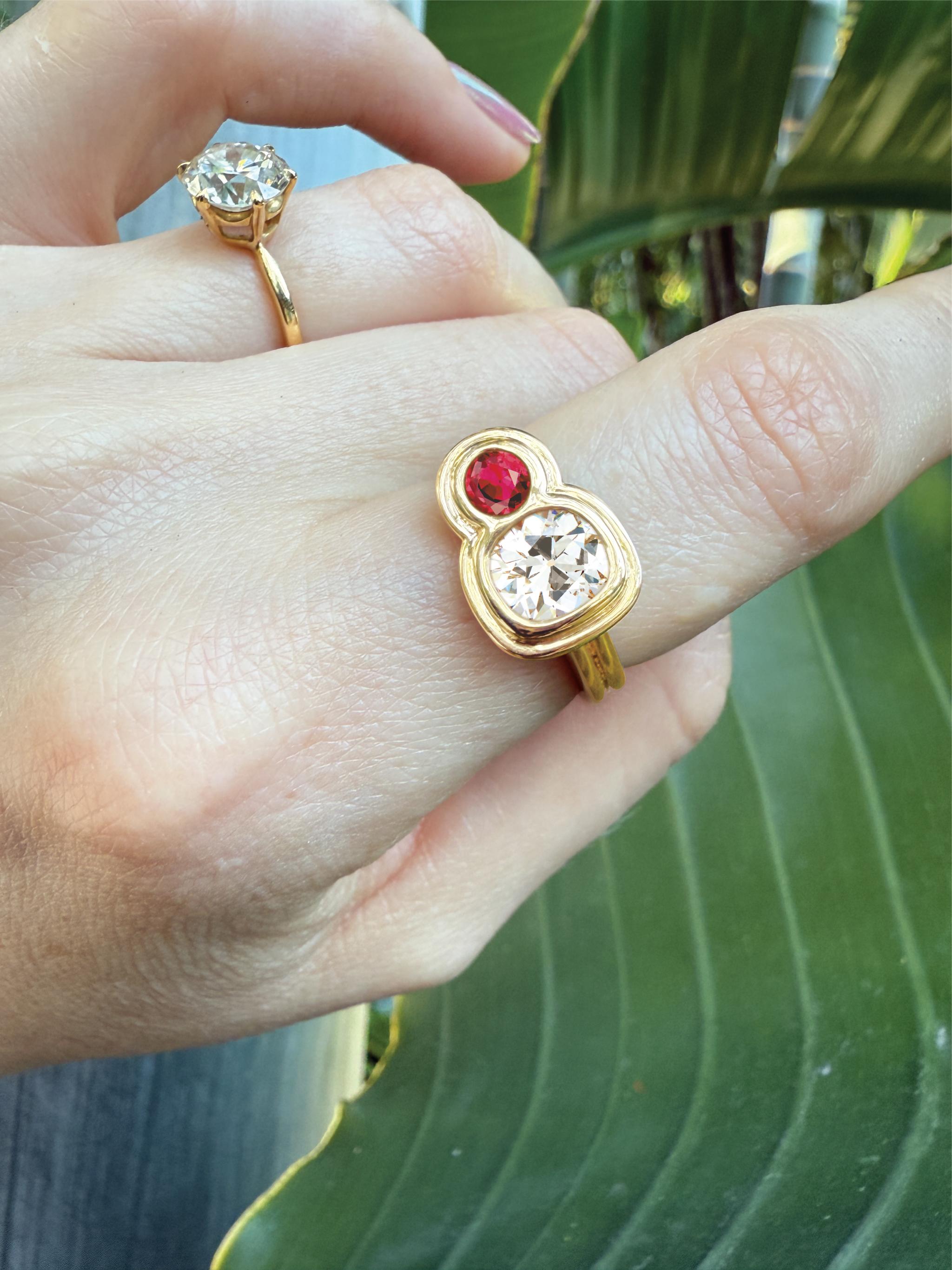 Capulet Toi Et Moi Ring with 1.17 Carat Antique Cushion Cut Diamond  and .25 Car For Sale 1