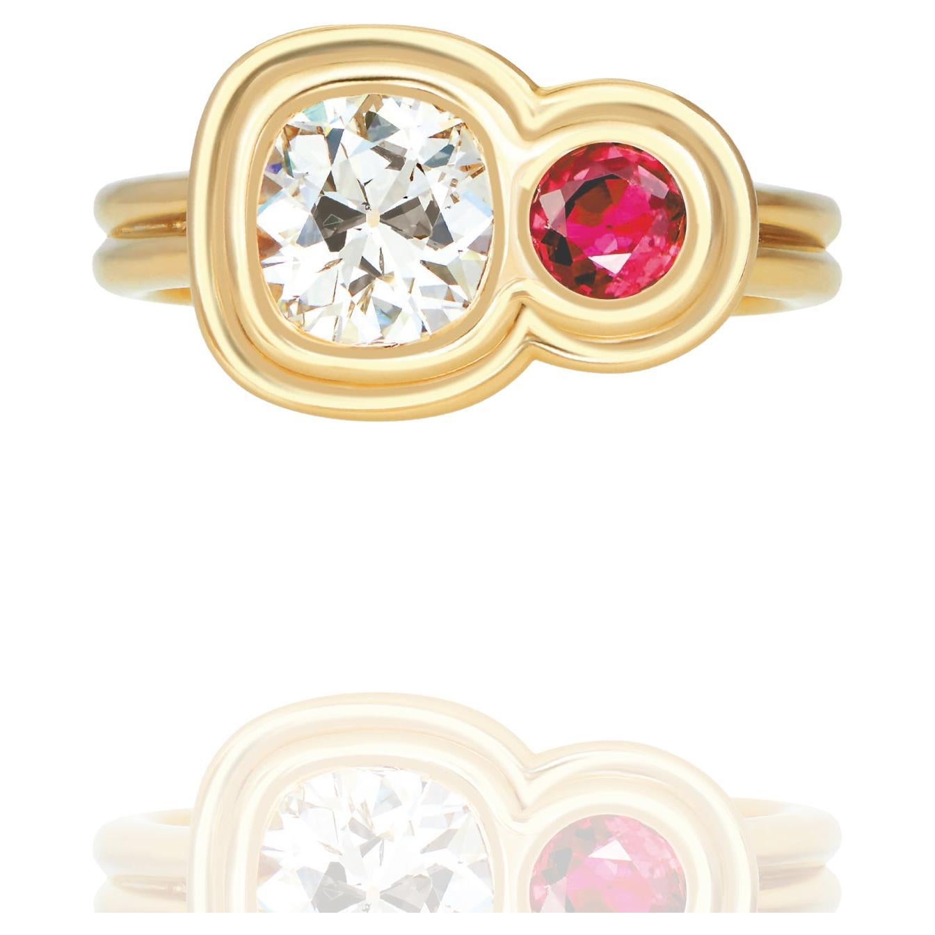 Capulet Toi Et Moi Ring with 1.17 Carat Antique Cushion Cut Diamond  and .25 Car For Sale