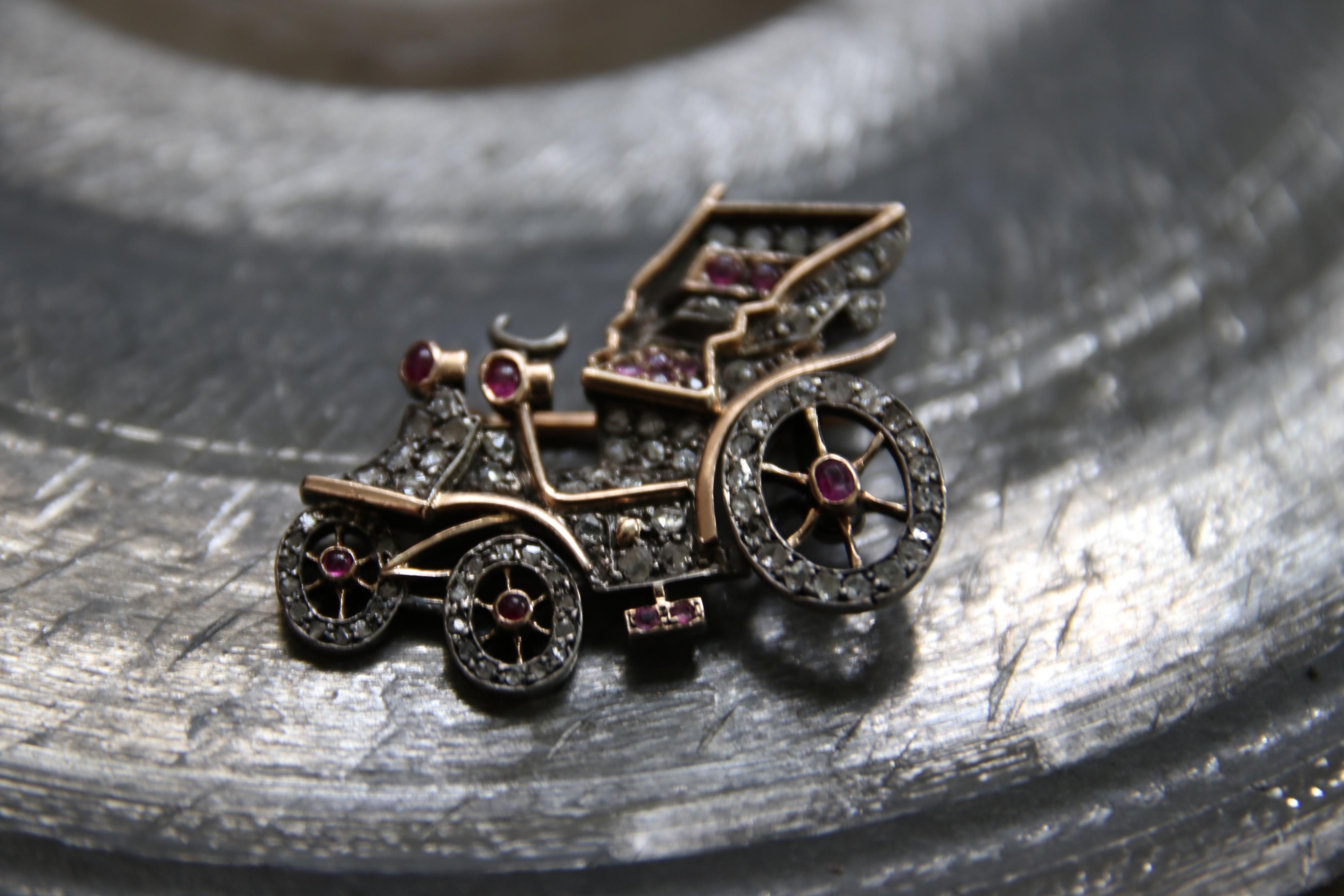Car Carriage Brooch with Rose Cut Diamonds and Rubies, circa 1900 For Sale 2