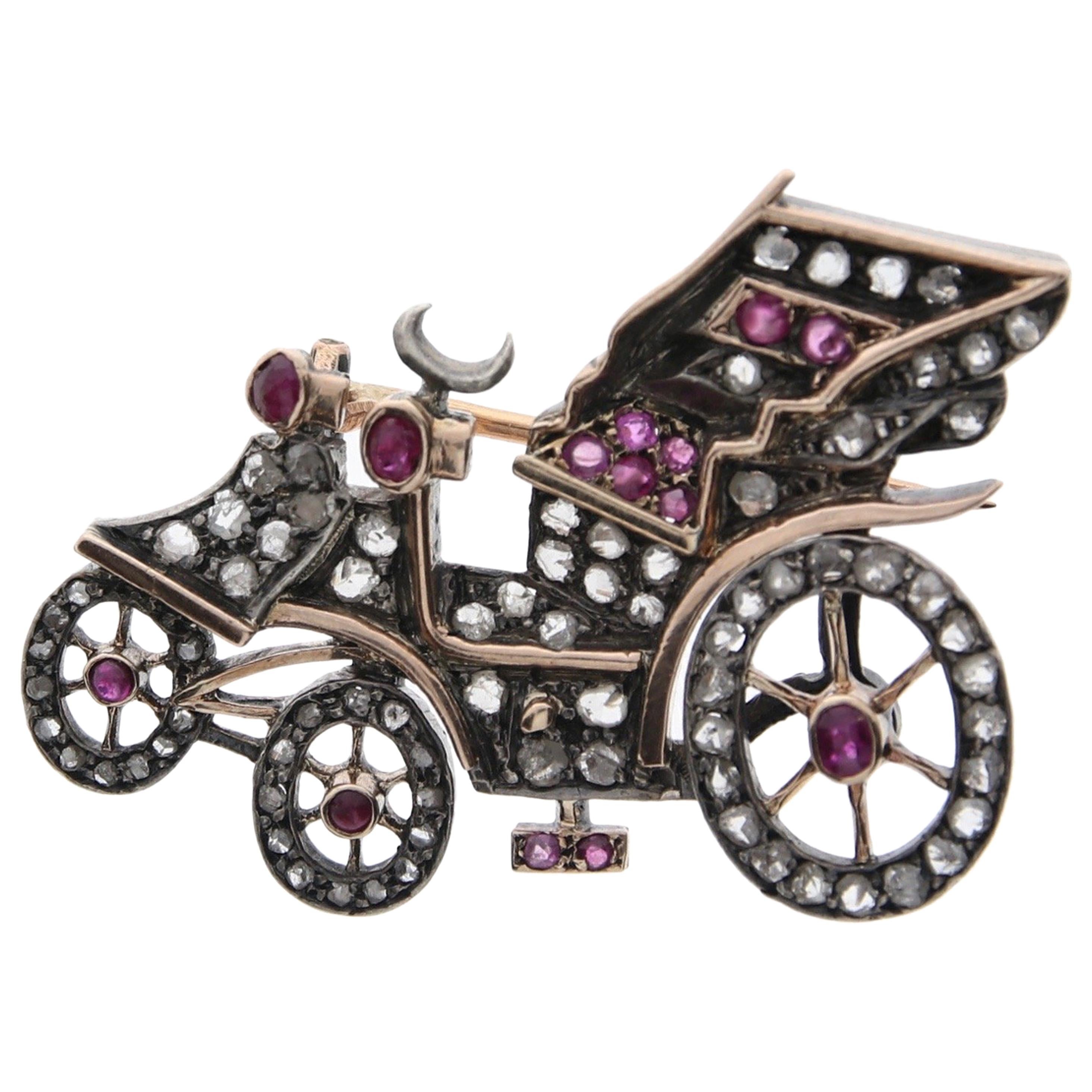 Car Carriage Brooch with Rose Cut Diamonds and Rubies, circa 1900 For Sale