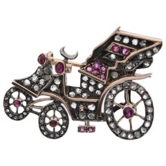 Car Carriage Brooch with Rose Cut Diamonds and Rubies, circa 1900