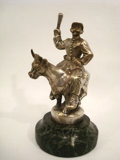 Car Mascot / Hood Ornament Policeman Riding a Bull Bronze Sculpture. France 1920