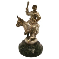Car Mascot / Hood Ornament Policeman Riding a Bull Bronze Sculpture. France 1920