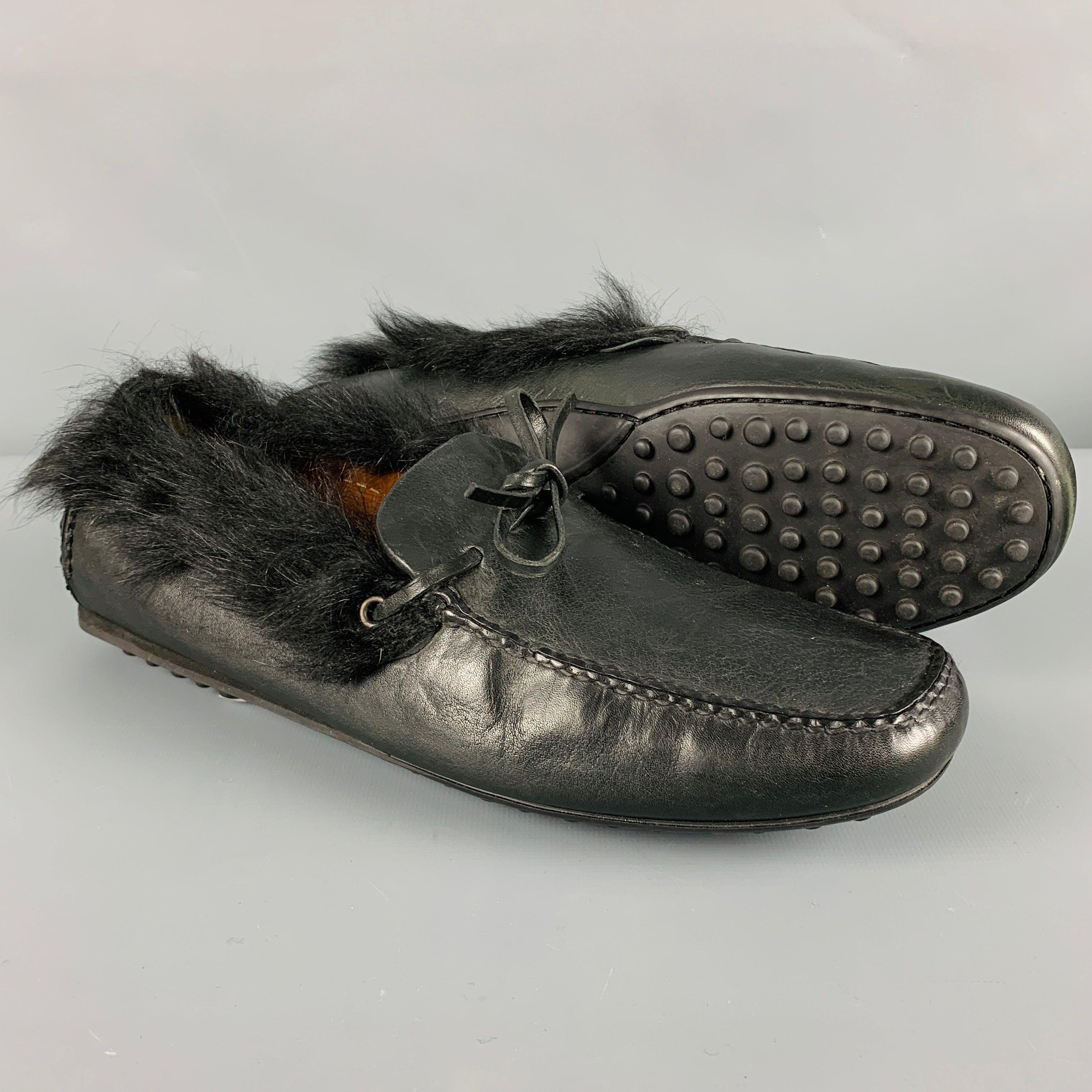 CAR SHOE Size 8 Black Leather Fur Trim Drivers Loafers For Sale 1
