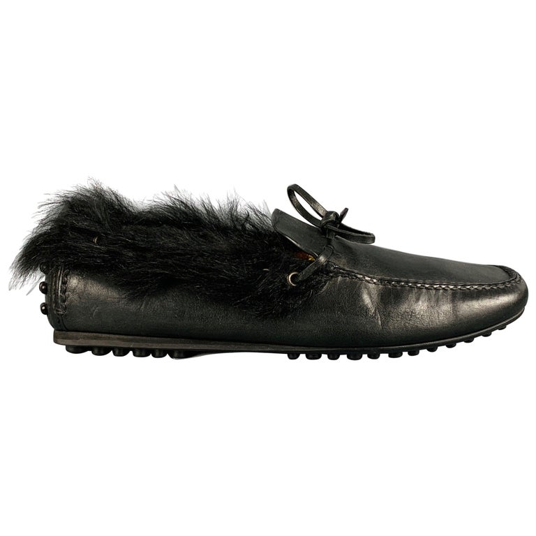 CAR SHOE Size 8 Black Leather Fur Trim Drivers Loafers For  display picture 2