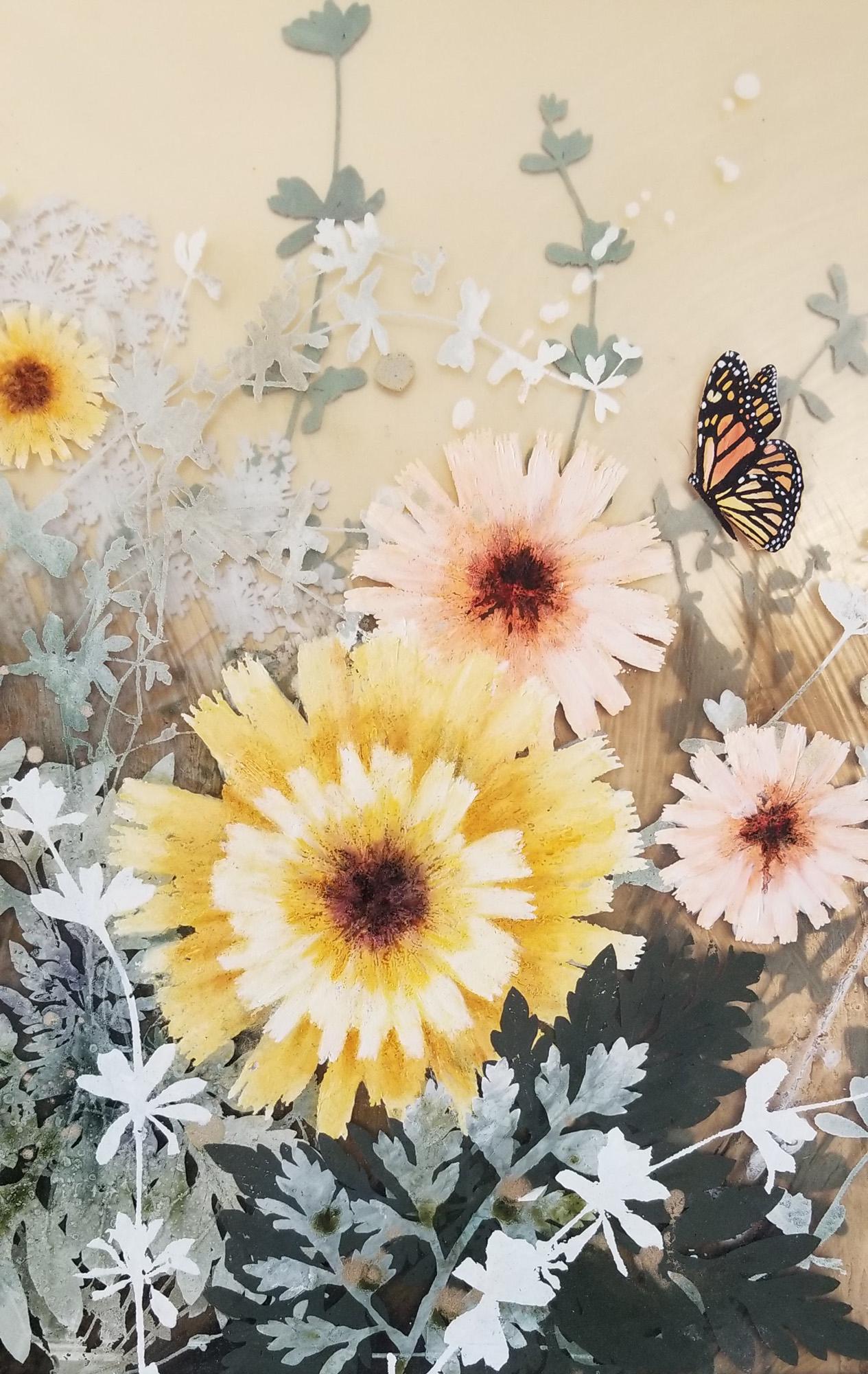 This beautiful floral triptych on acrylic is by Cara Enteles. Her work is motivated by a fascination with nature and a concern for the environment. She splits her time between NYC and rural northeast Pennsylvania, where she keeps a large organic