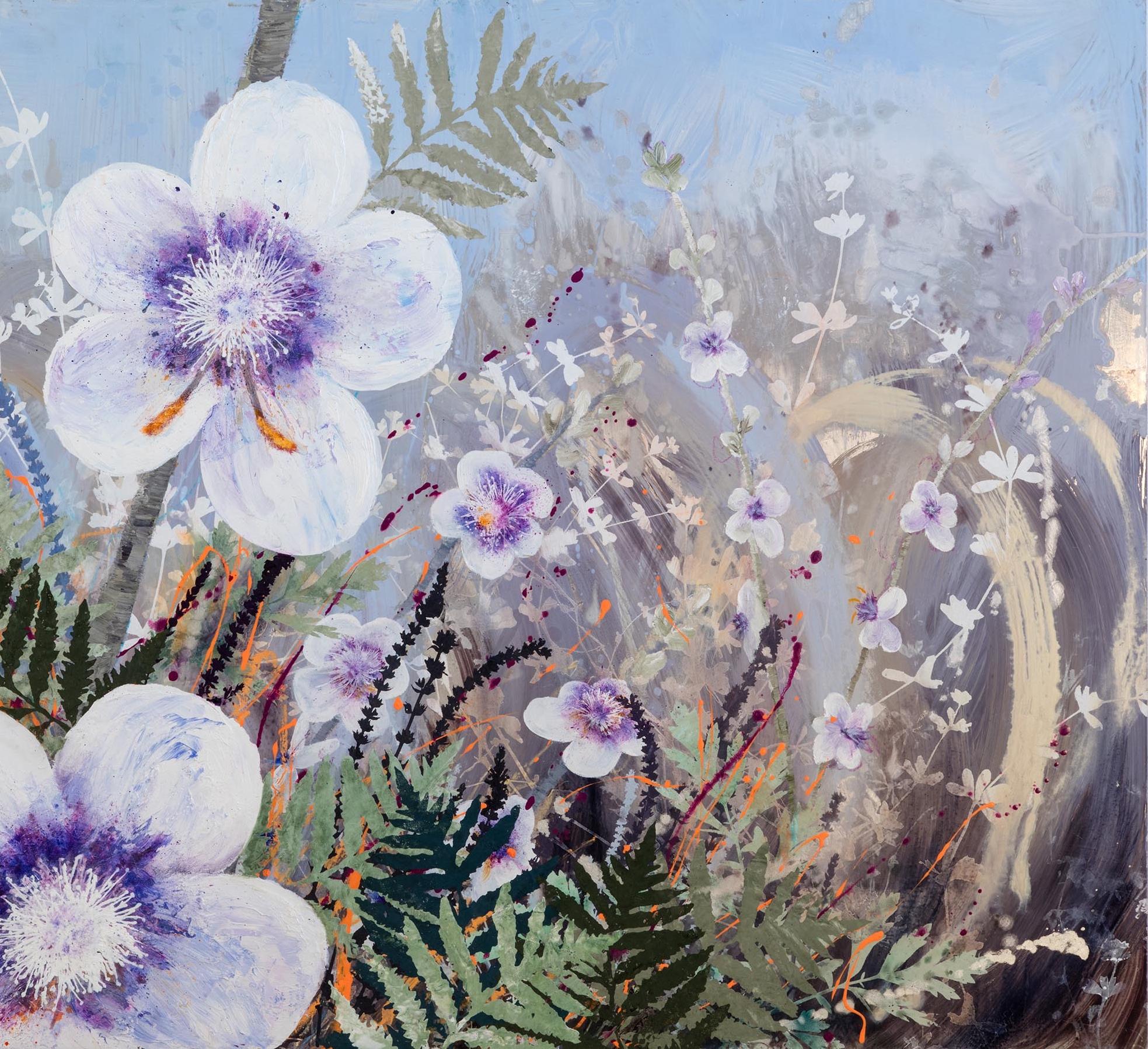 Invasive Beauties floral landscape on aluminum - Contemporary Painting by Cara Enteles