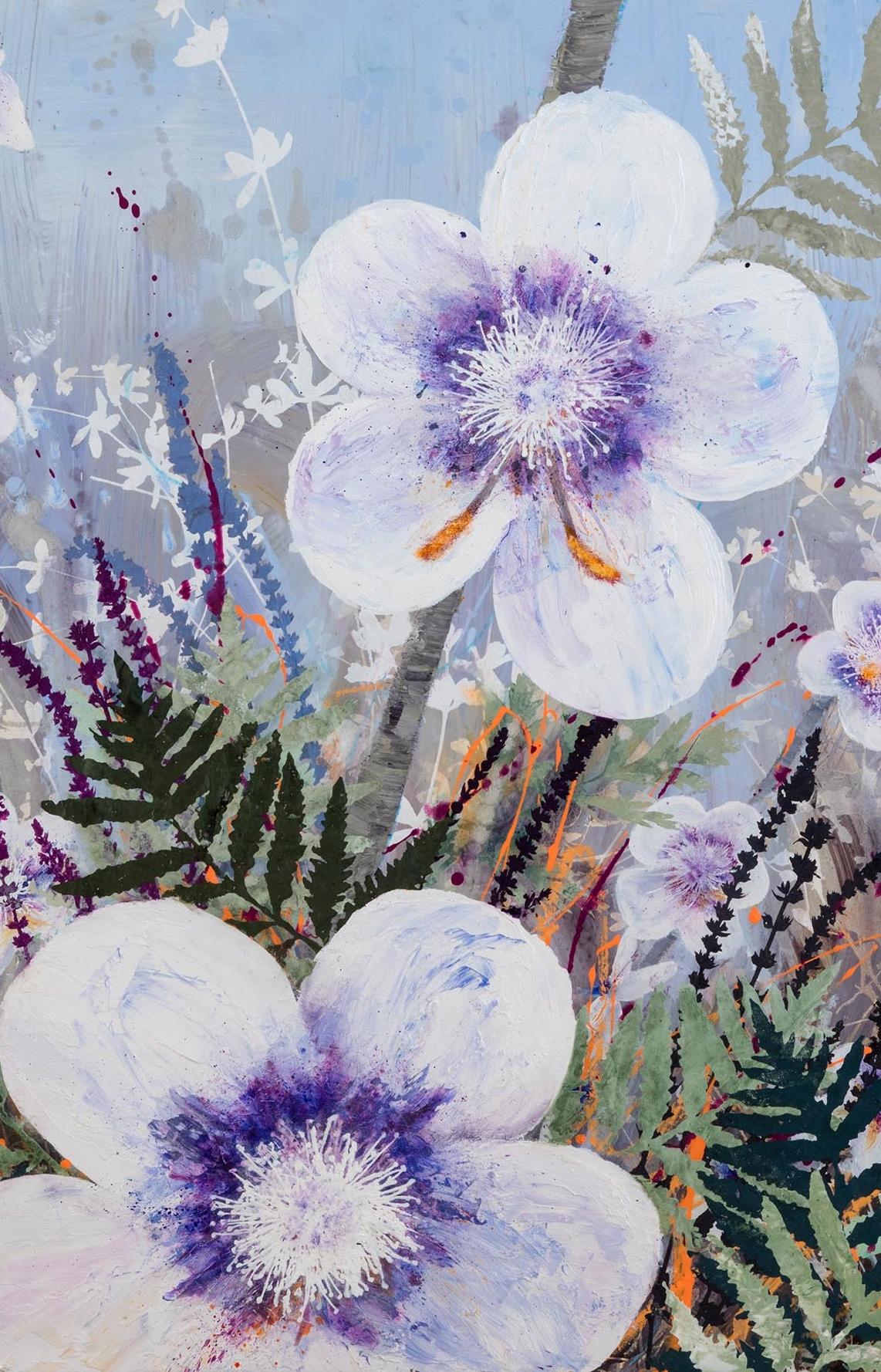 Invasive Beauties floral landscape on aluminum - Gray Landscape Painting by Cara Enteles