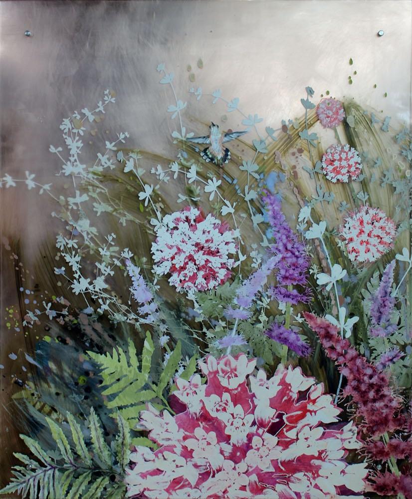 This beautiful floral diptych on acrylic is by Cara Enteles. Her work is motivated by a fascination with nature and a concern for the environment. She splits her time between NYC and rural northeast Pennsylvania, where she keeps a large organic