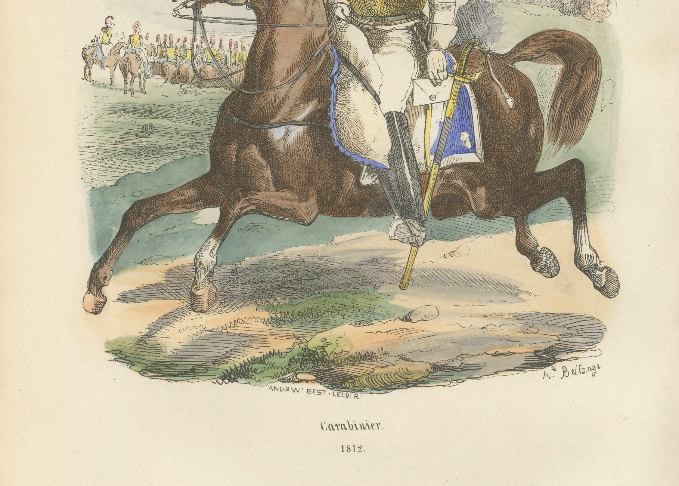 Carabinier, Napoleonic Imperial Guard cavalry, hand-colored print, Paris 1843