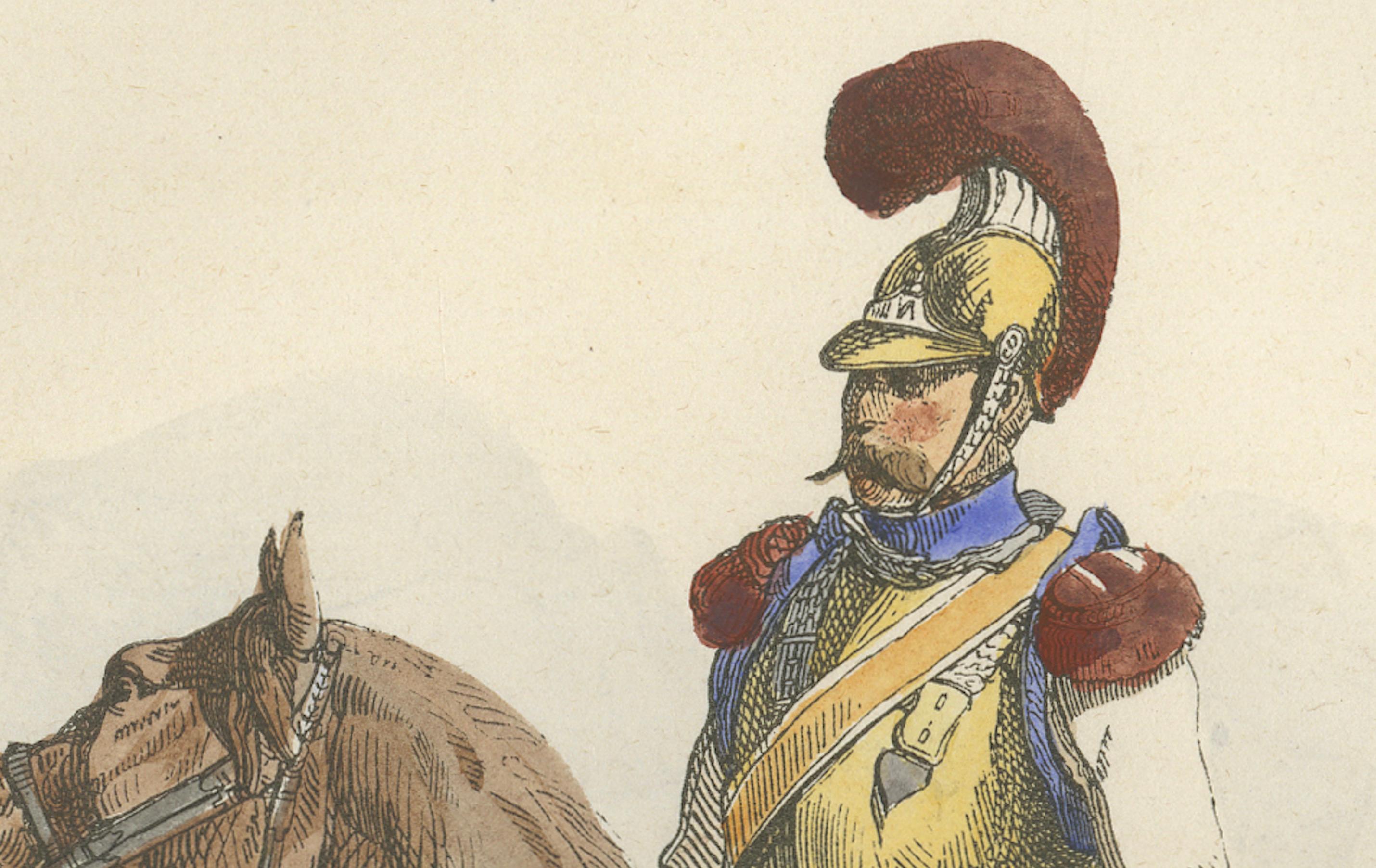 Carabinier, Napoleonic Imperial Guard cavalry, hand-colored print, Paris 1843