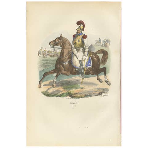 Carabinier, Napoleonic Imperial Guard cavalry, hand-colored print, Paris 1843