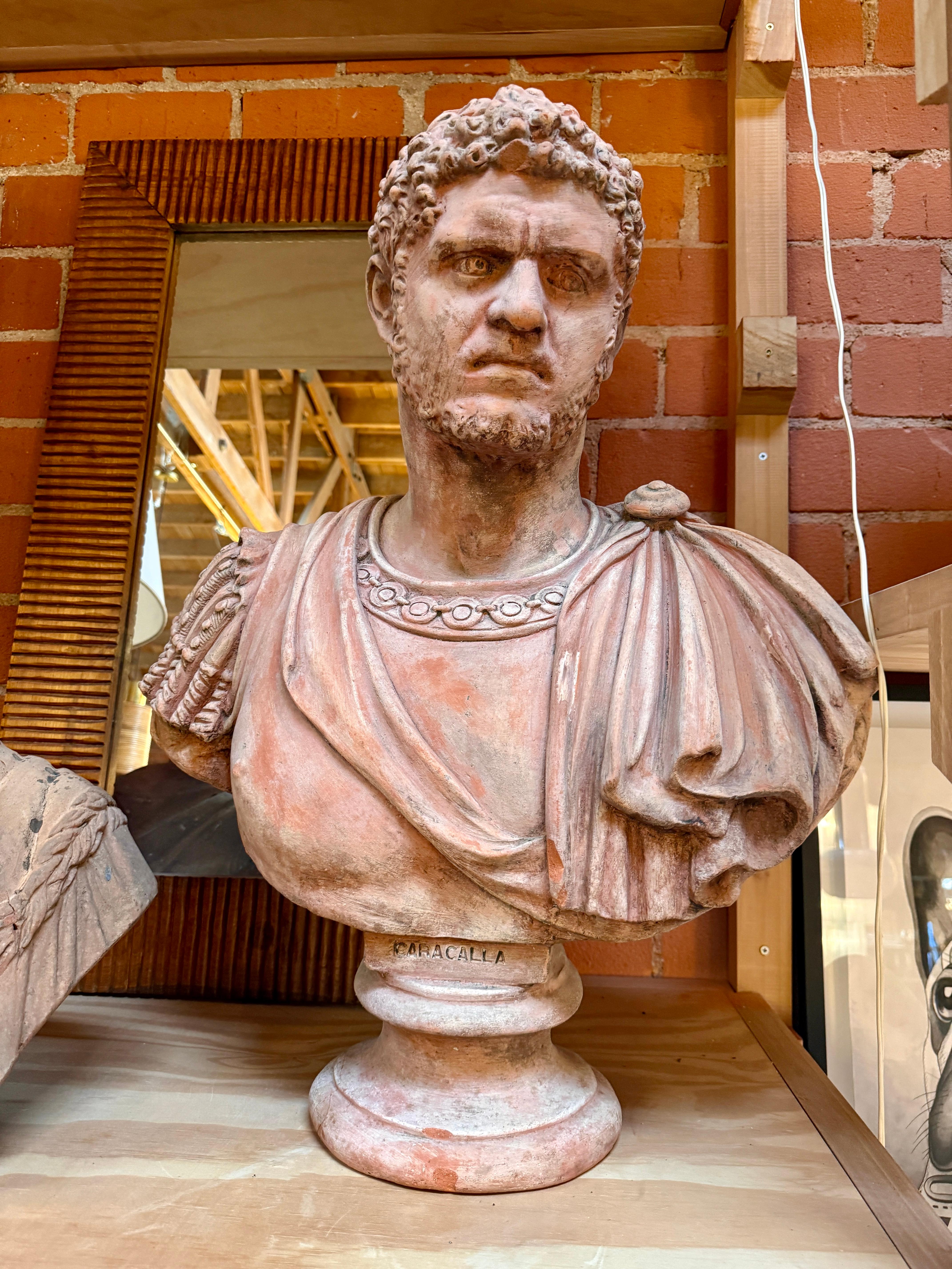 Ce buste représente Caracalla, empereur romain (198-217 ADS). Il est reconnaissable à son expression sévère et sourcilleuse, à ses cheveux courts et bouclés, à sa cape militaire fermée par une broche et à l'inscription 