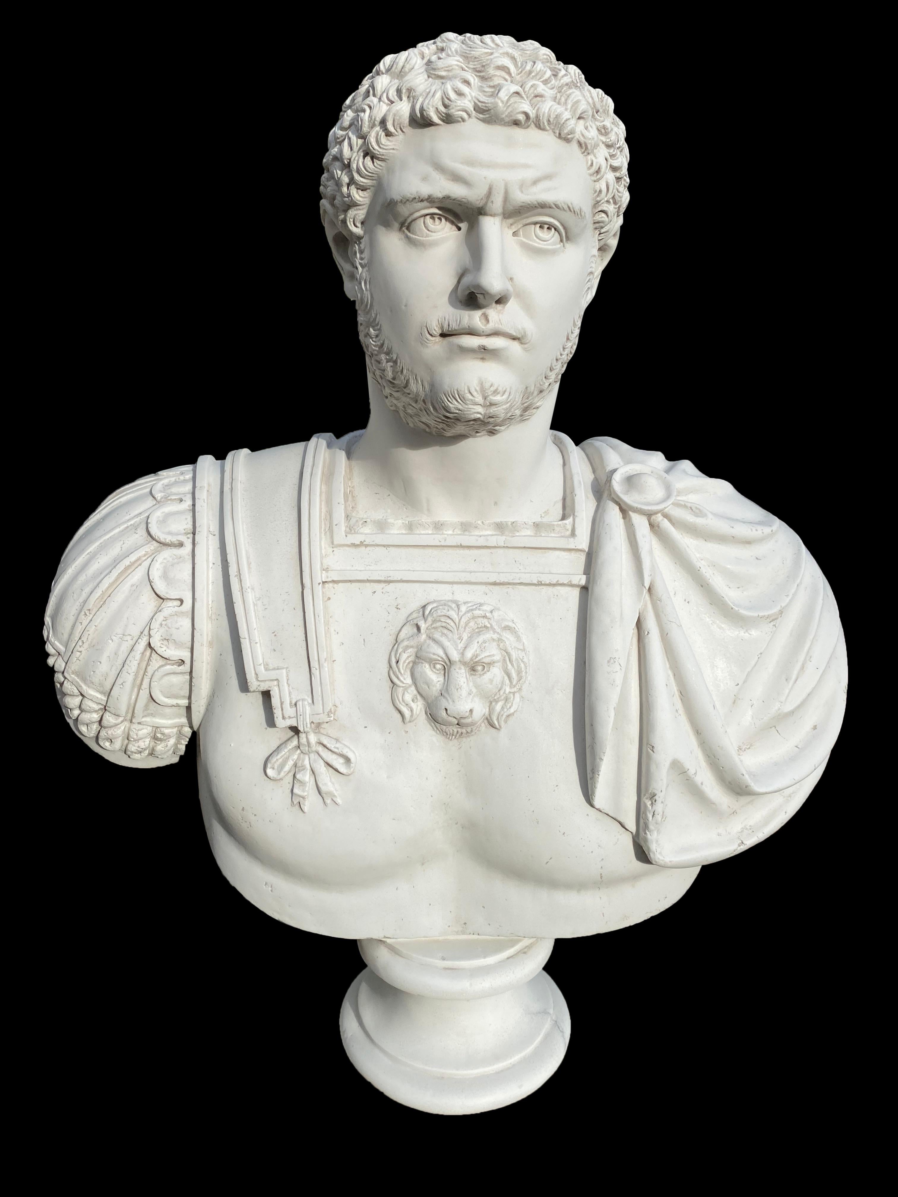 Caracalla Roman Emperor Grand Tour bust sculpture, 20th century.

This bust of Caracalla depicts him as a powerful man, of the large stature he was, and was purchased by a large English estate, from a 18th century Italian studio, later sold in
