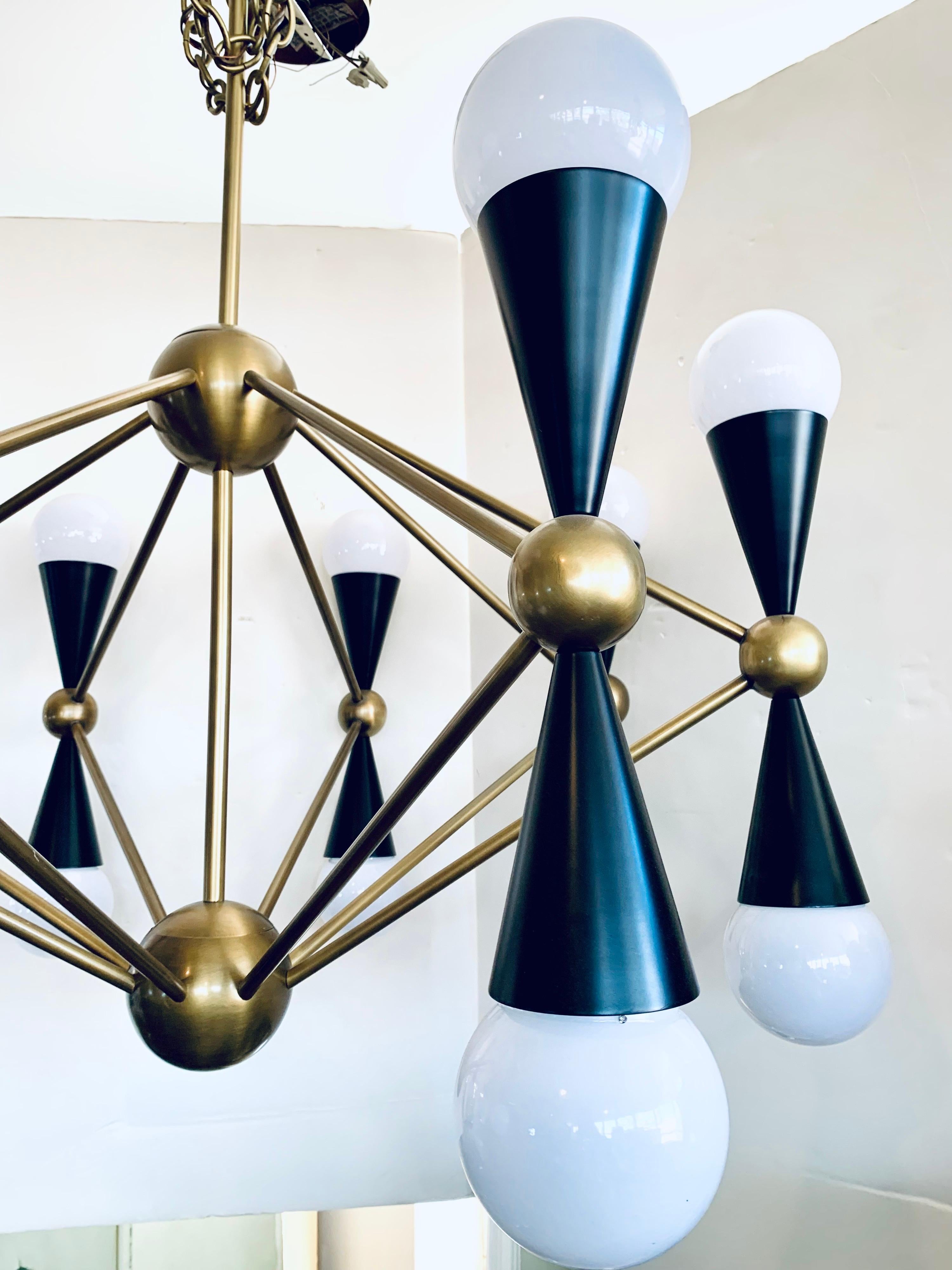 Mid-Century Modern Jonathan Adler Black and Brass Caracas Sixteen-Light Chandelier