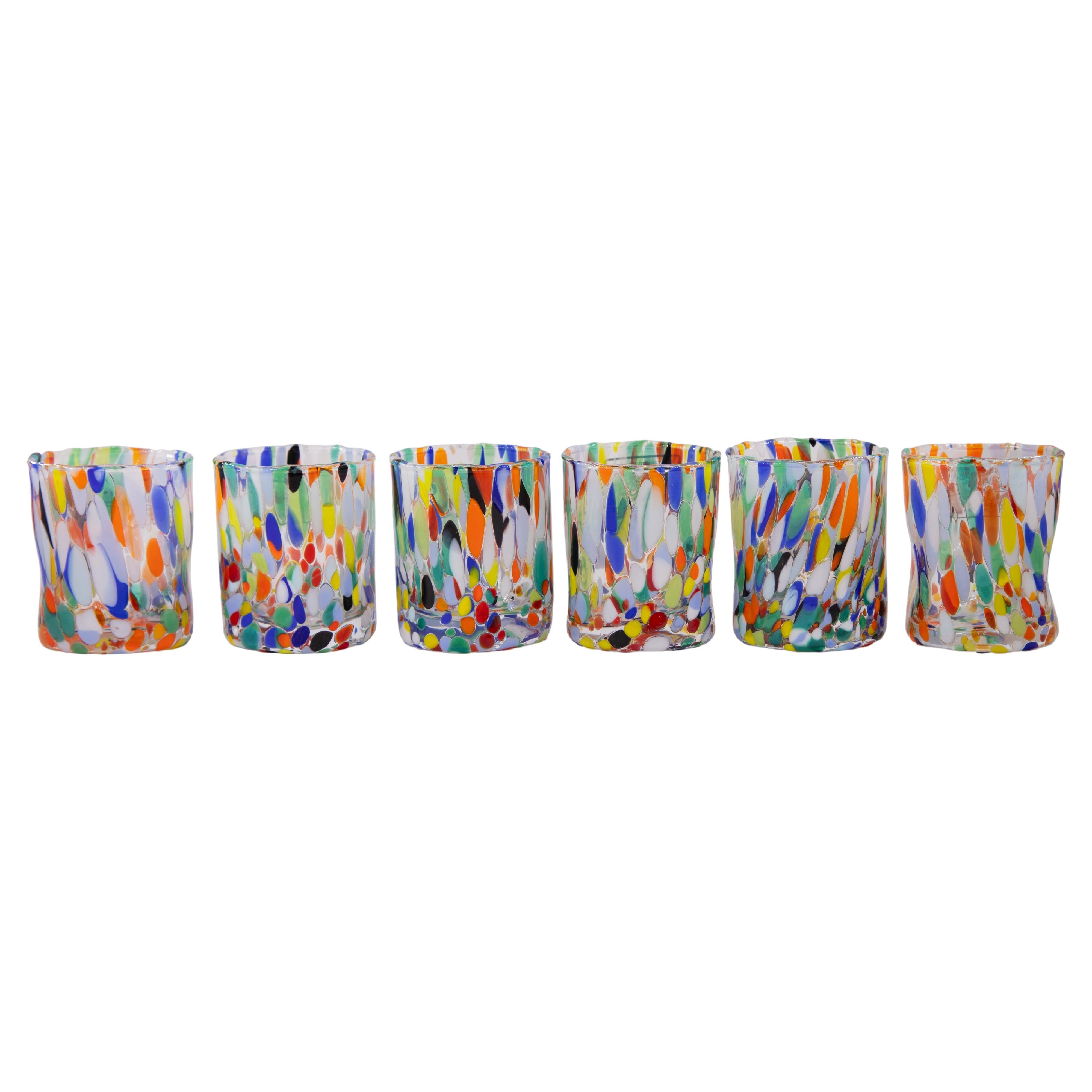 Caracas, set of 6 Murano shot glasses color "Arlechhino" handmade, Murano Glass  For Sale