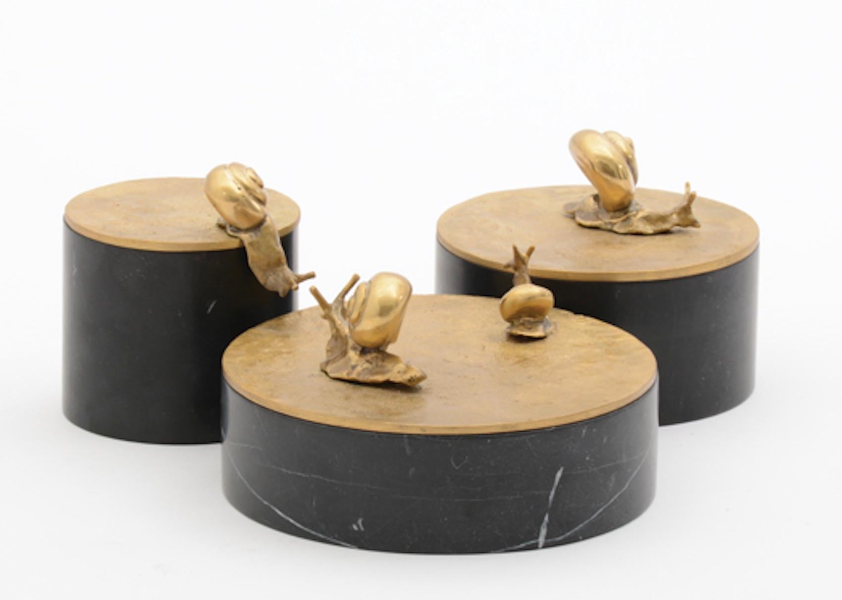 Contemporary Caracol Keepsake Box Set of 3 Silver Bronze and White Marble from Elan Atelier For Sale