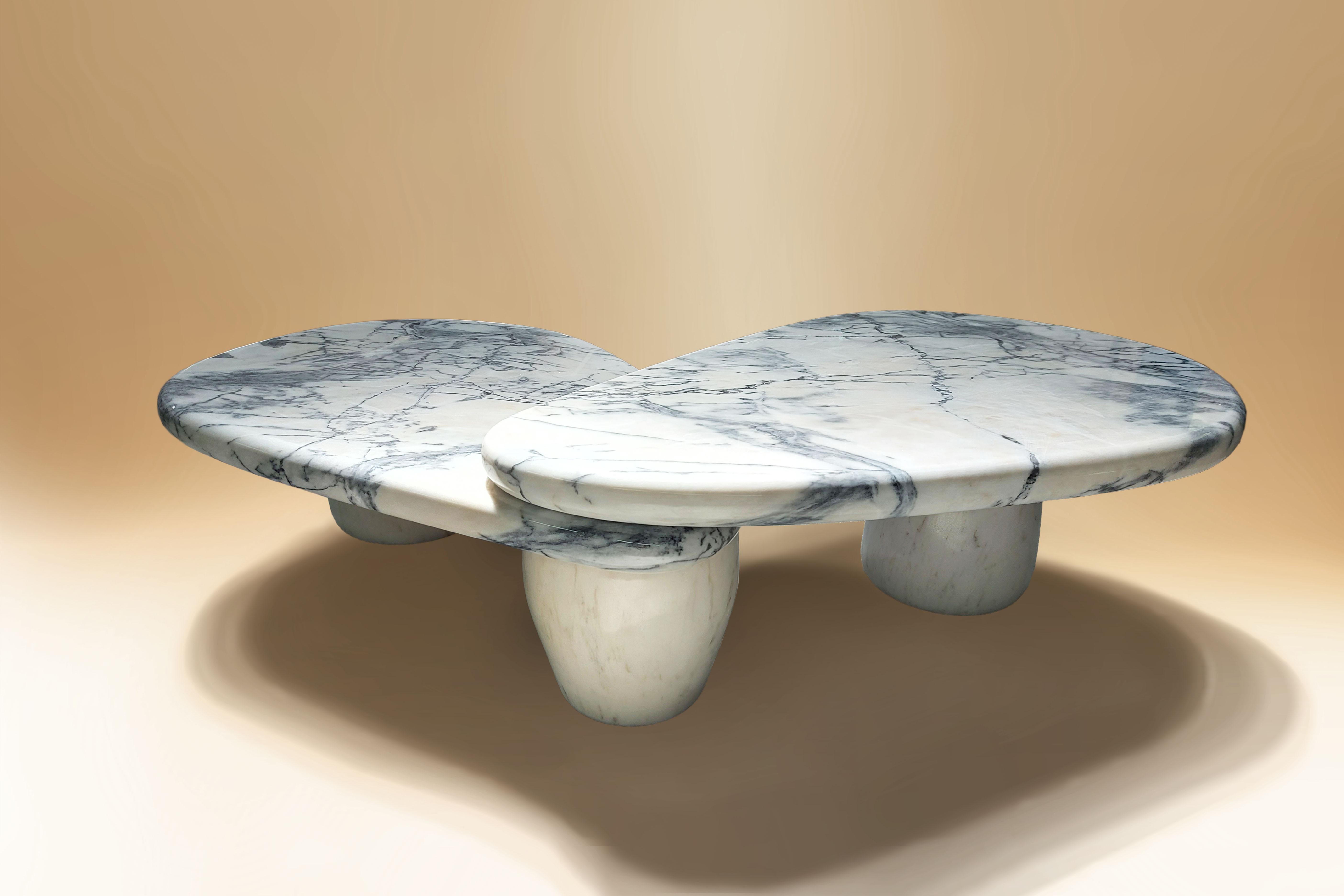 The caracole table is a coffee table, composed of two parts that complement each other. It is a marble table, customizable not only in size, but also in its materials. It is another harmonious piece, with a touch of boldness by the designer Sergio