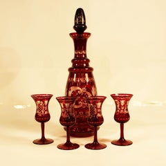 Carafe Made of Ground Ruby Glass with Four Glasses, circa 1890