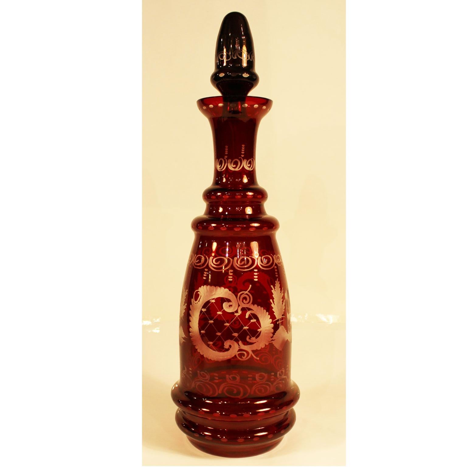 Late Victorian Carafe Made of Ground Ruby Glass with Four Glasses, circa 1890 For Sale