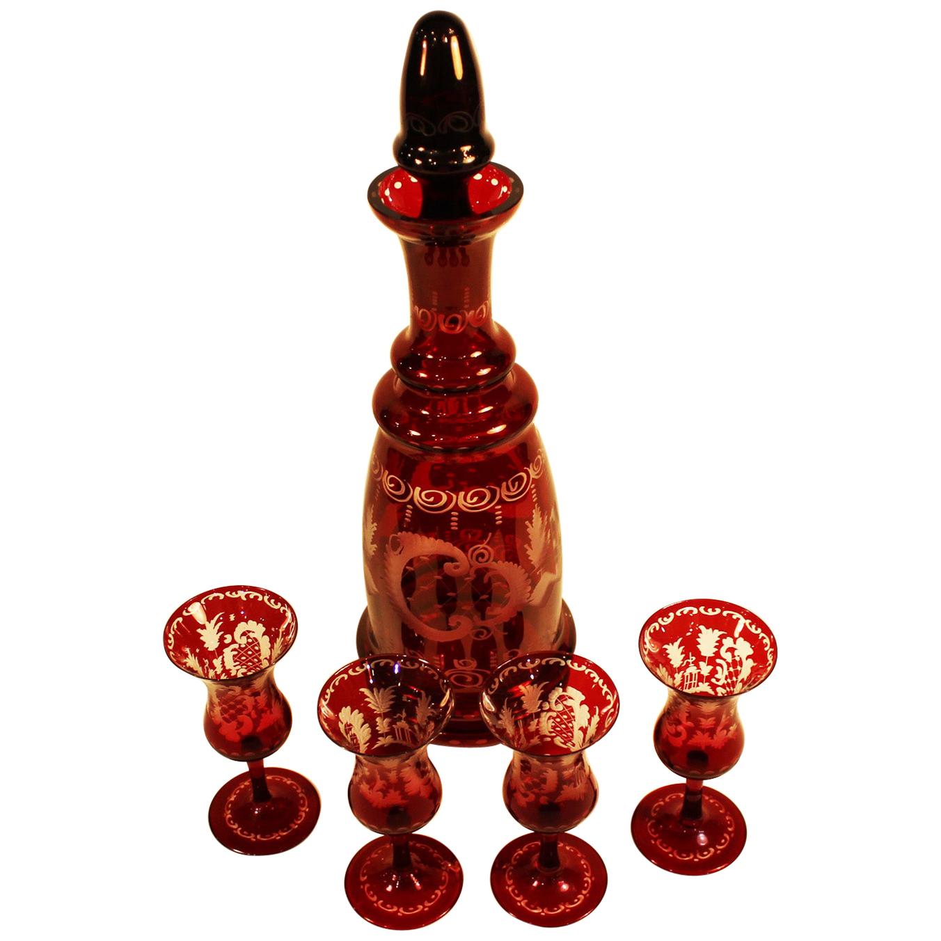 Carafe Made of Ground Ruby Glass with Four Glasses, circa 1890 For Sale