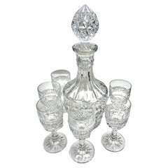 Antique Carafe with Stopper and Set of 6 Small Wine, Liqueur Glasses