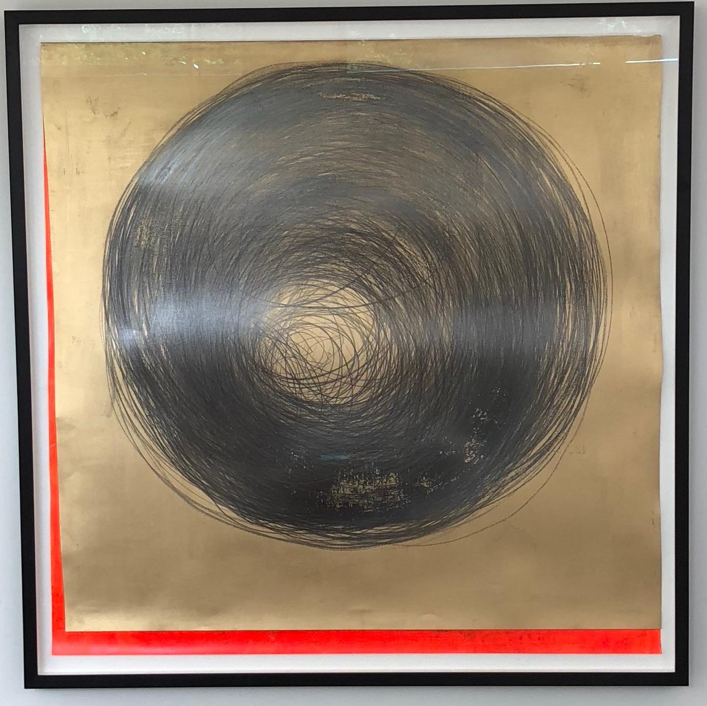 'Work no. 1 (Circle Drawing), Gold / Neon Red, 2018’ graphite and 23ct gold leaf on 315gsm Heritage Fine Art Paper by Carali McCall (born 1981).  

McCall began her ‘Circle Drawing' artworks in 2004 where she focuses on the durational element and