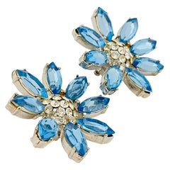 CARALINA signed silver blue rhinestones flowers designer runway clip on earrings