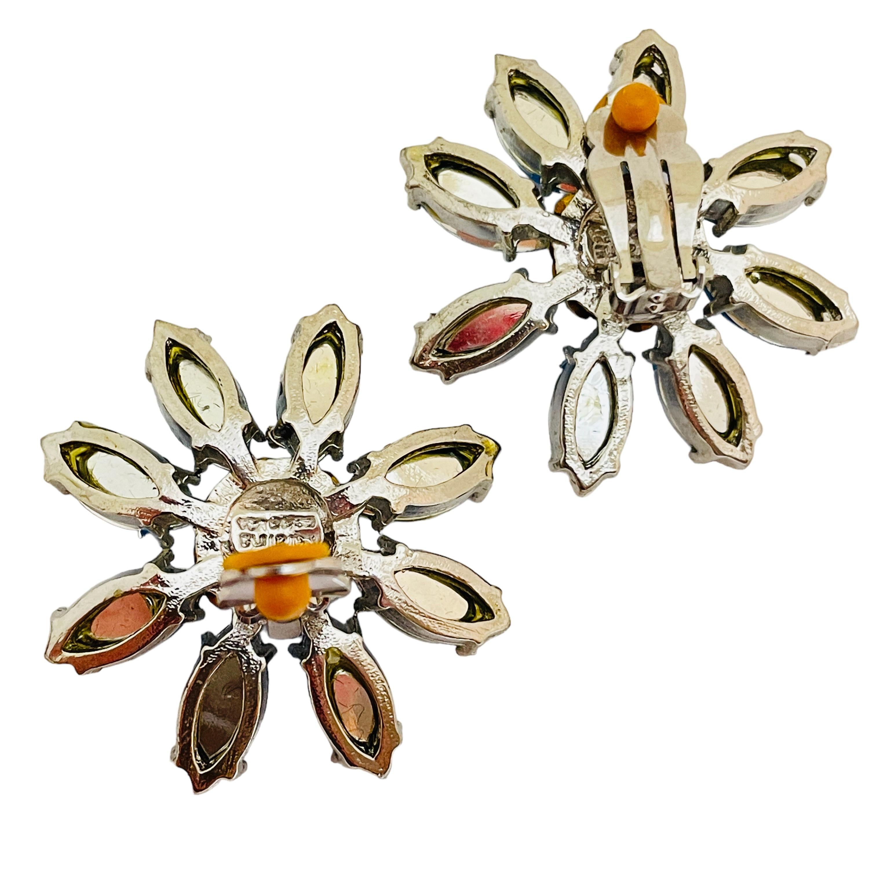 CARALINA signed silver blue rhinestones flowers designer runway clip on earrings In Good Condition For Sale In Palos Hills, IL