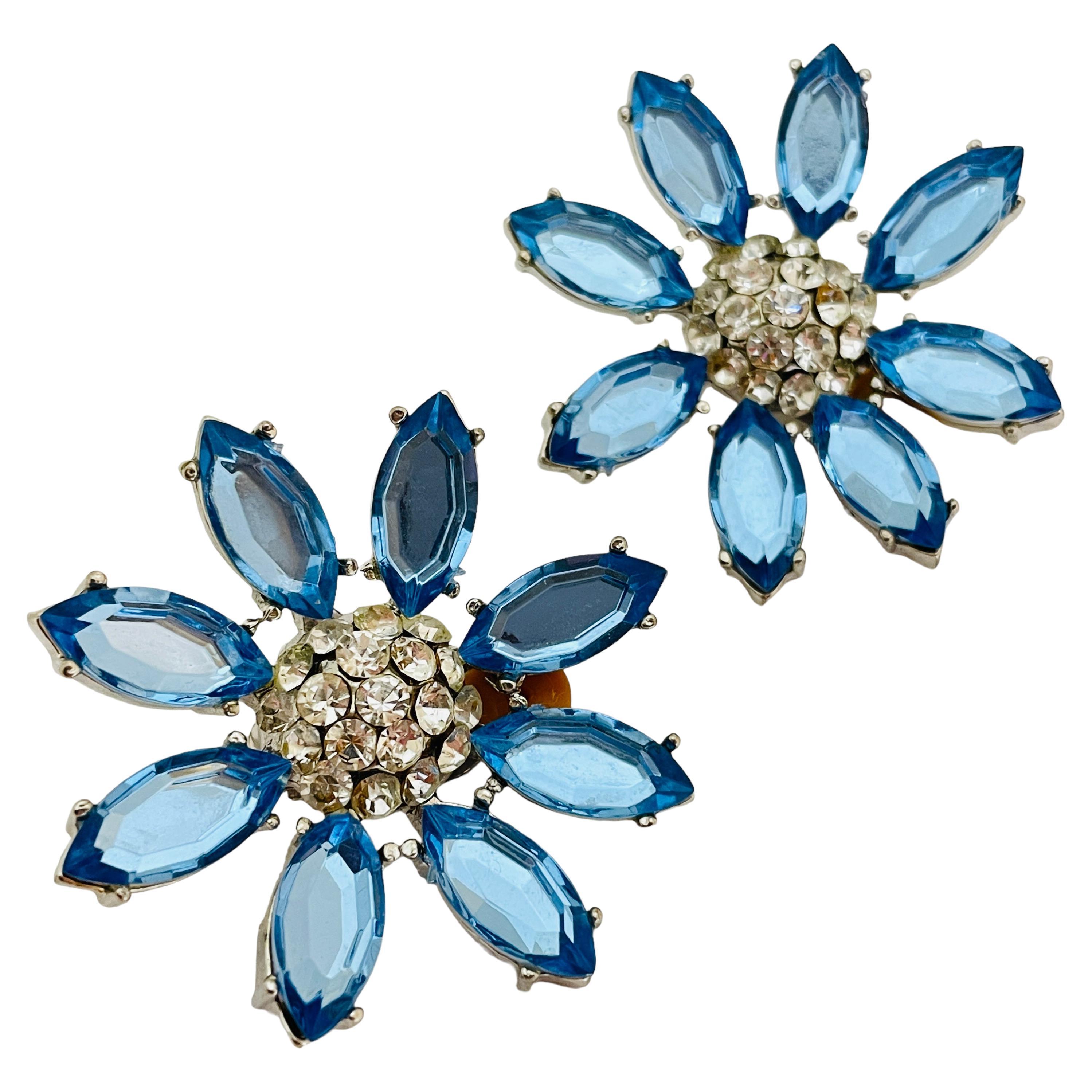 CARALINA signed silver blue rhinestones flowers designer runway clip on earrings For Sale