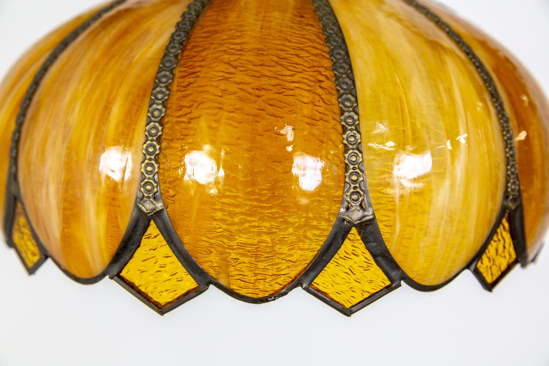 Caramel-Amber Slag Glass Lotus Flower Swag Pendant Light w/ Decorative Trim For Sale 2