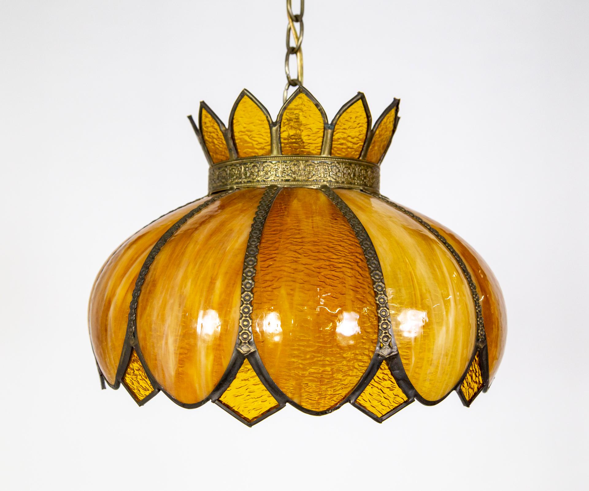 Caramel-Amber Slag Glass Lotus Flower Swag Pendant Light w/ Decorative Trim For Sale 3