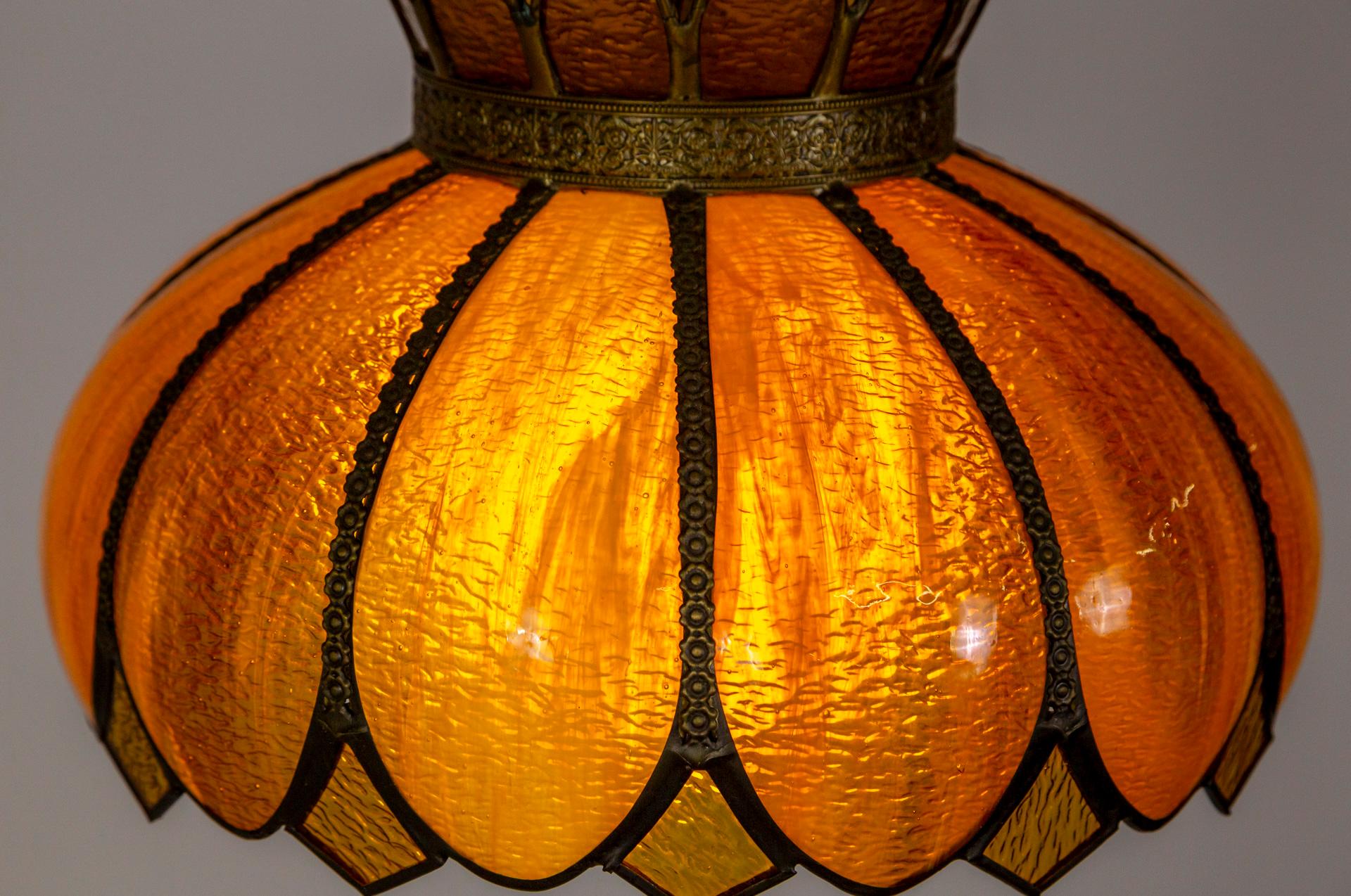 Caramel-Amber Slag Glass Lotus Flower Swag Pendant Light w/ Decorative Trim For Sale 4