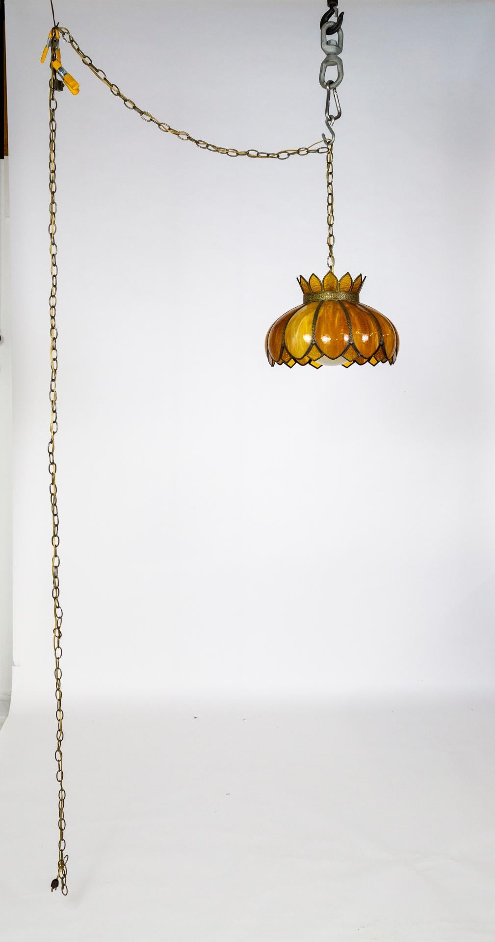 Caramel-Amber Slag Glass Lotus Flower Swag Pendant Light w/ Decorative Trim For Sale 5