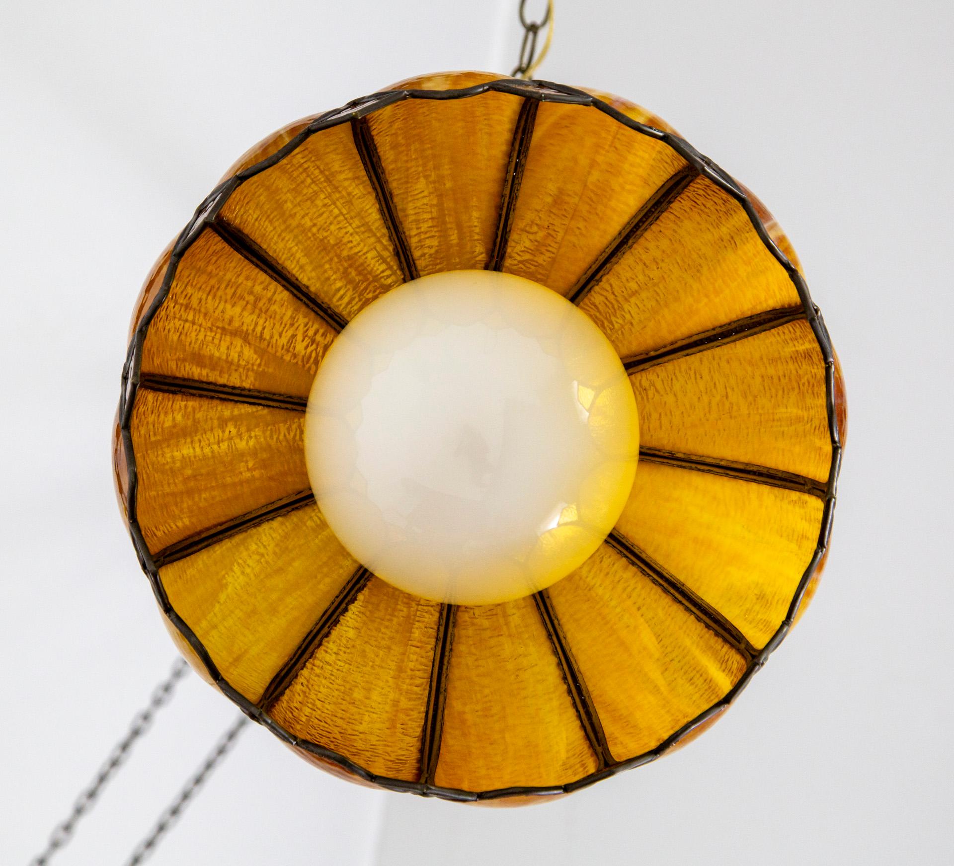 Caramel-Amber Slag Glass Lotus Flower Swag Pendant Light w/ Decorative Trim For Sale 6