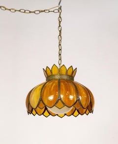 Caramel-Amber Slag Glass Lotus Flower Swag Pendant Light w/ Decorative Trim