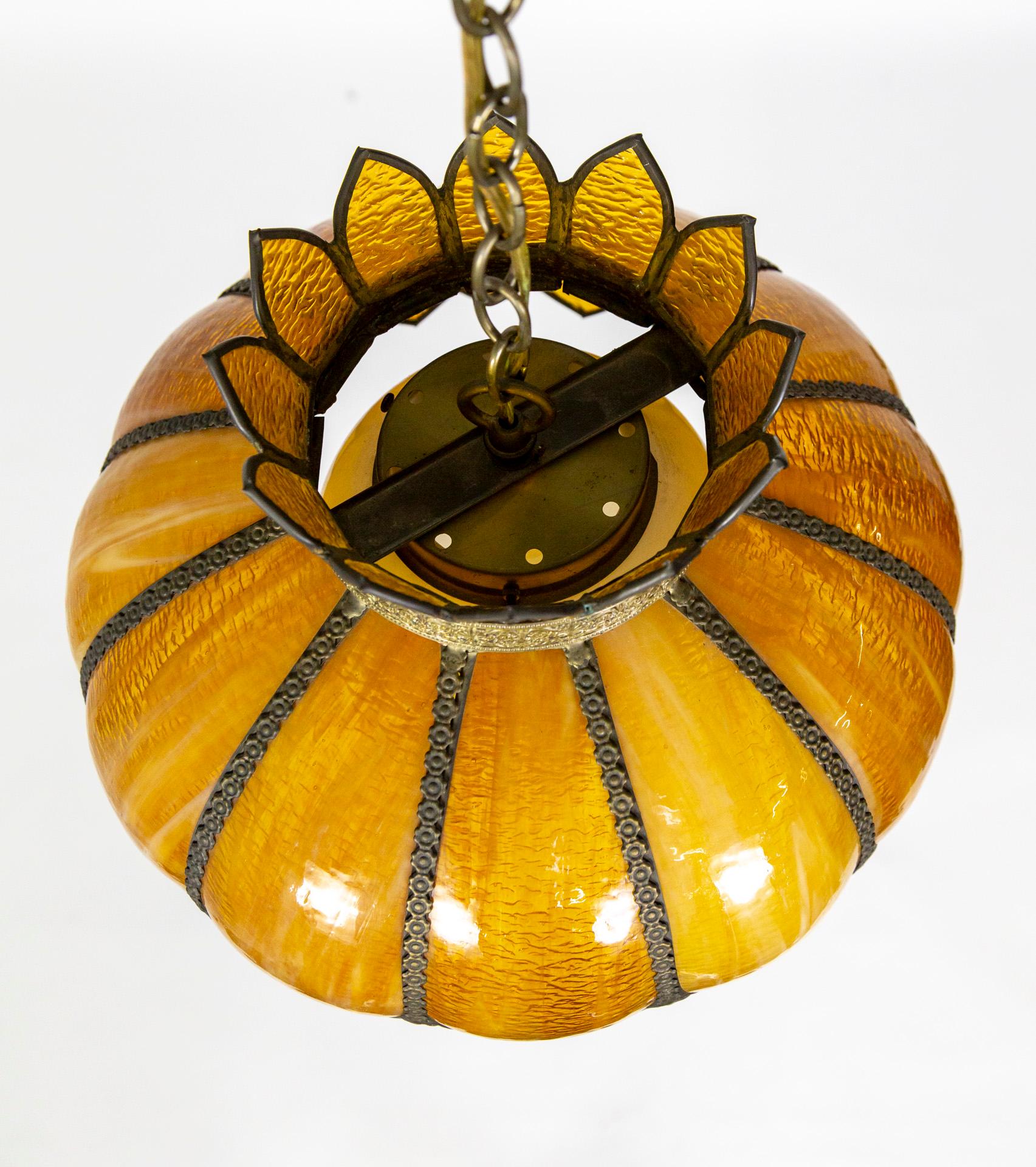 Caramel-Amber Slag Glass Lotus Flower Swag Pendant Light w/ Decorative Trim For Sale 1