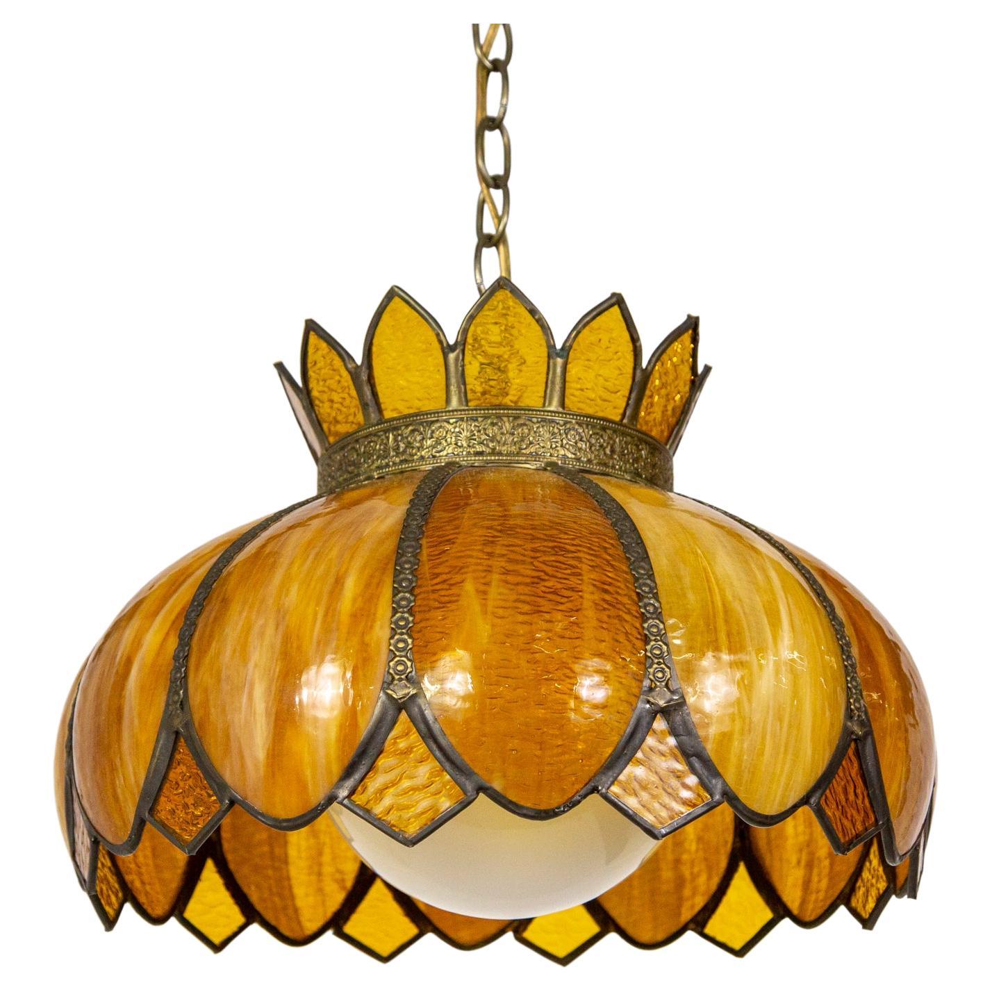 Caramel-Amber Slag Glass Lotus Flower Swag Pendant Light w/ Decorative Trim For Sale